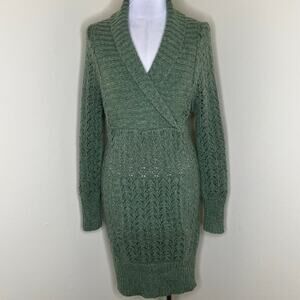 Lily McNeal Sweater Dress Medium Wool Blend Green Shawl Collar Rib Knit Sheath